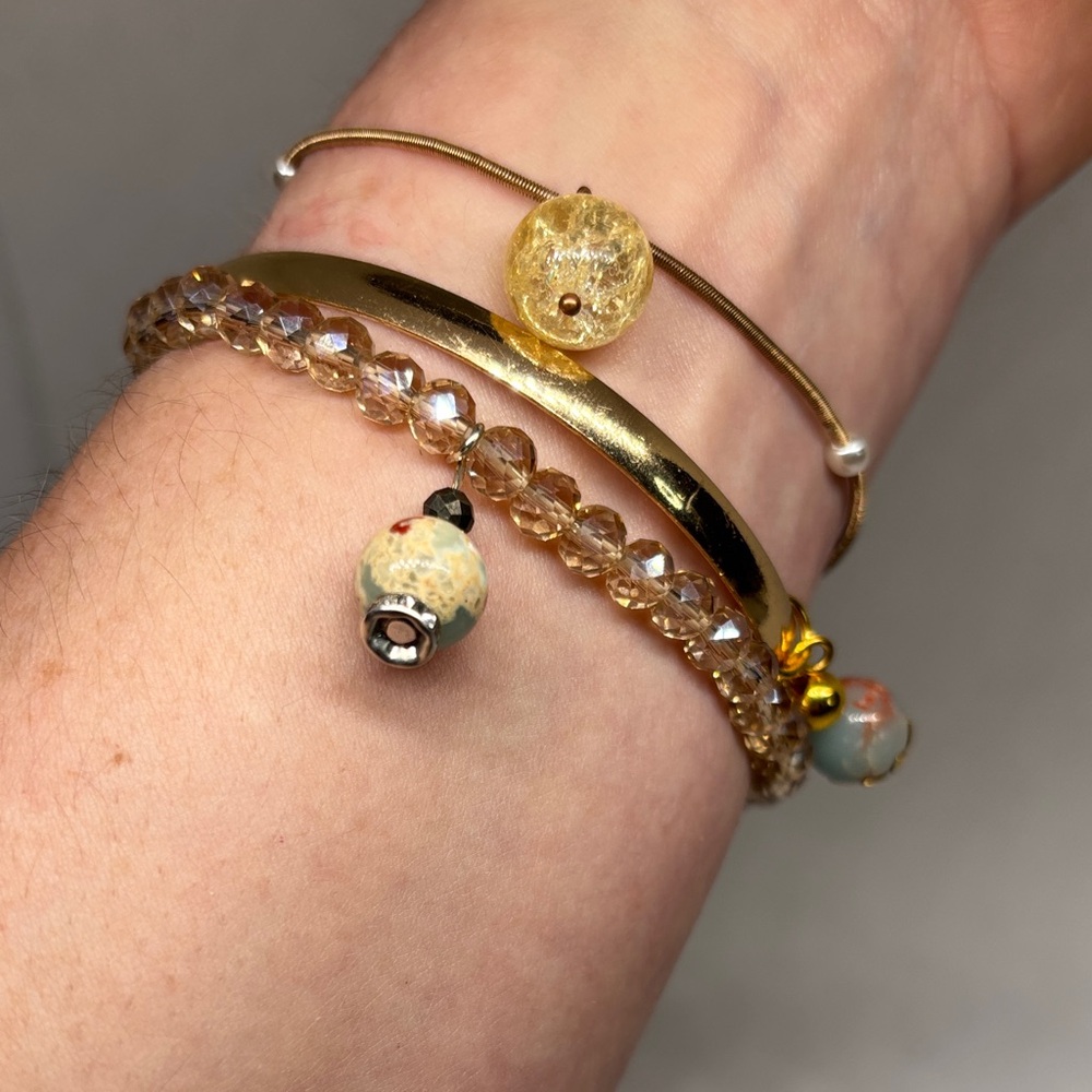 Vintage Upcycle Shushin Stone Gold Tone Bracelet Stack